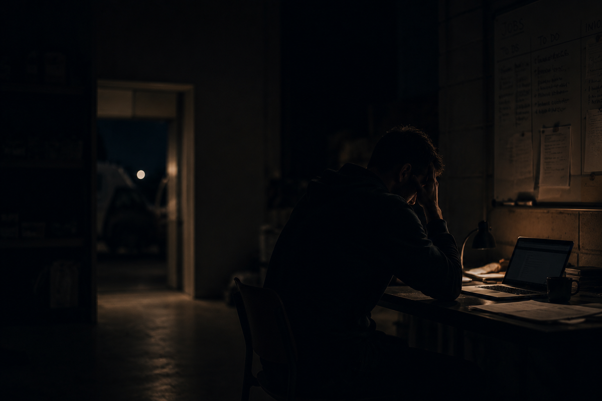 Trade business owner working through paperwork after hours
