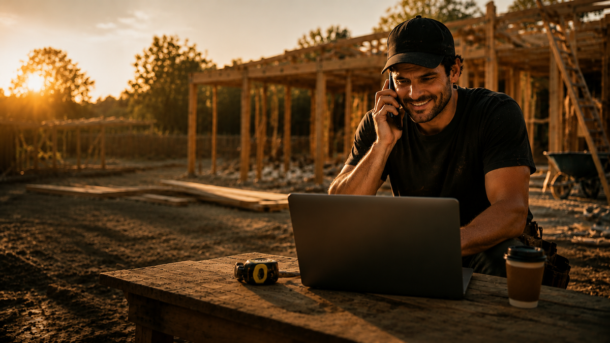 Tradie speaking with a customer while working from a laptop on site