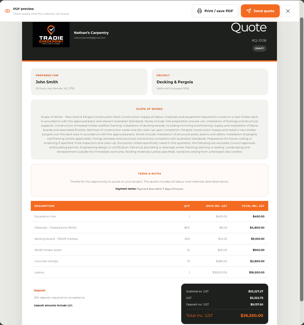 Professional branded Tradie Checkpoint quote