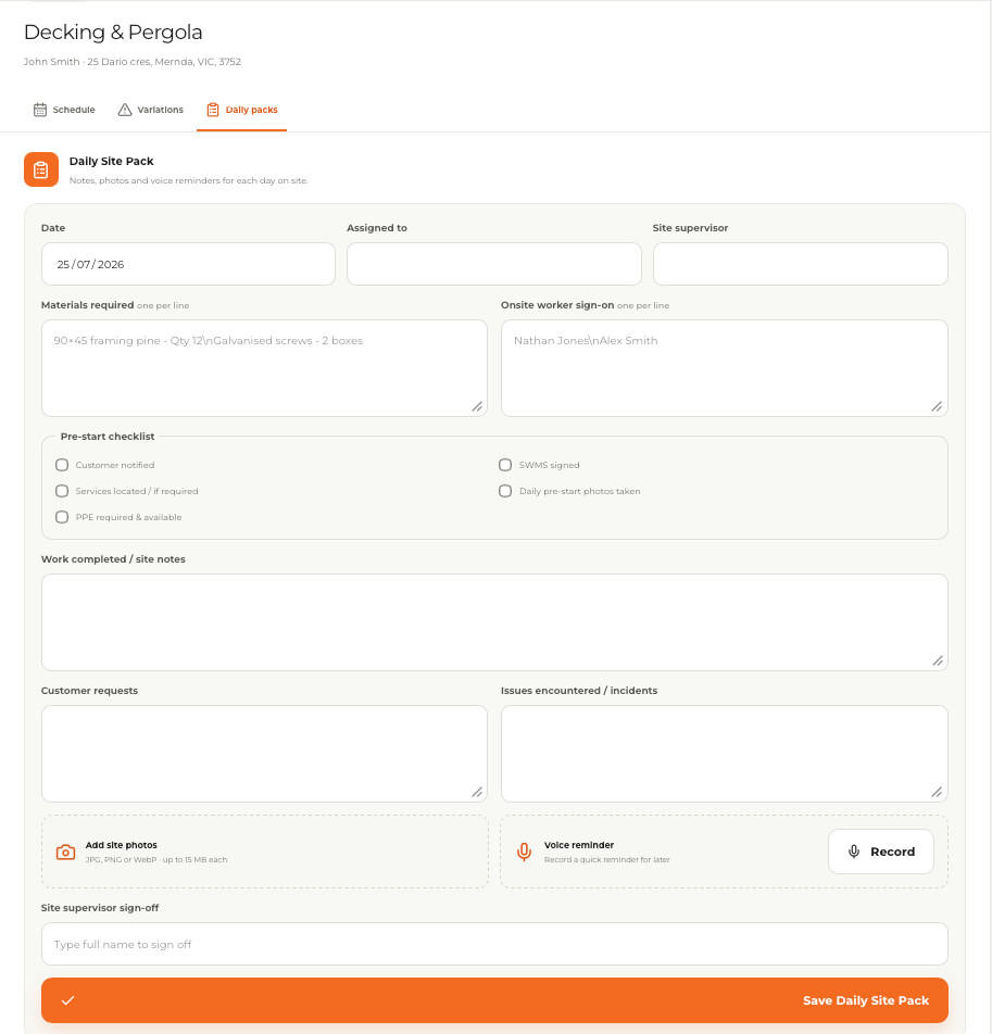 Tradie Checkpoint daily site pack