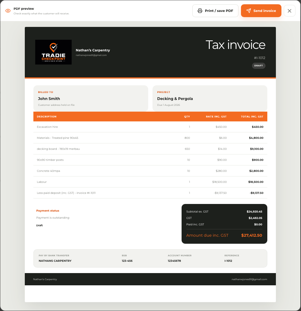 Professional GST invoice created in Tradie Checkpoint
