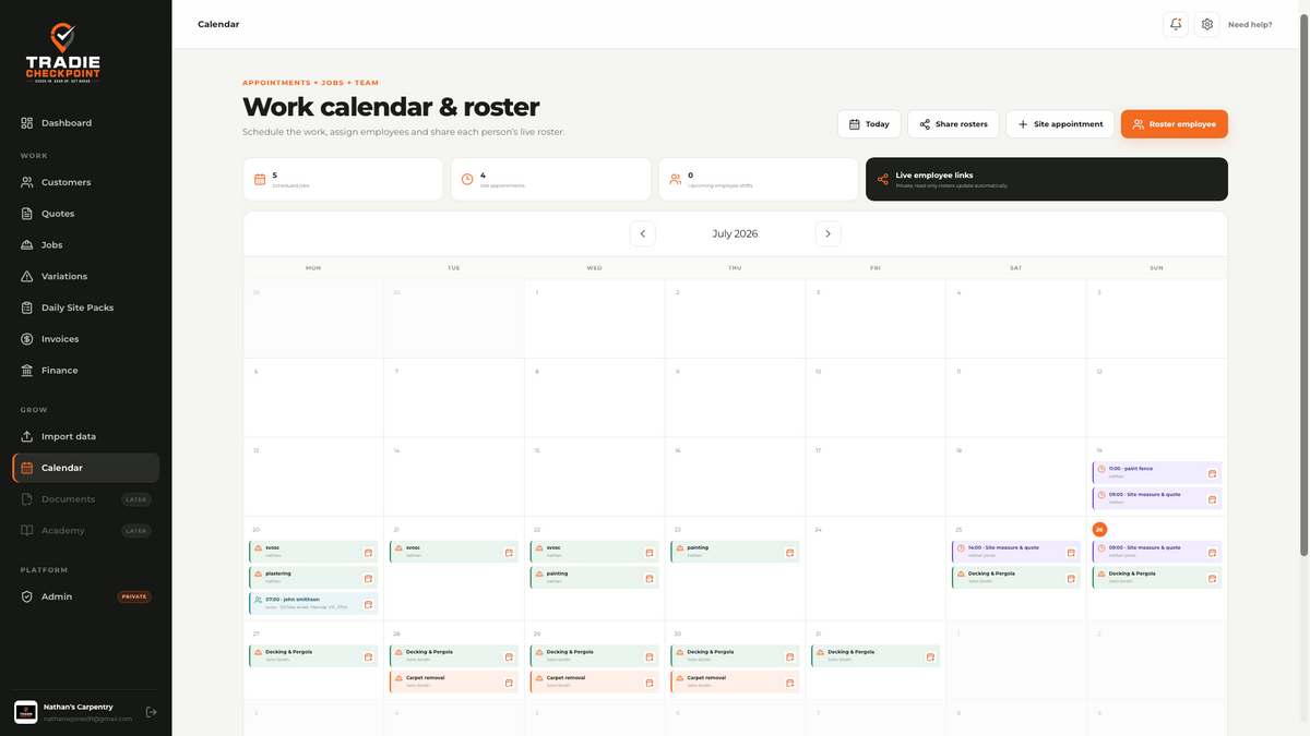 Tradie Checkpoint work calendar and employee roster