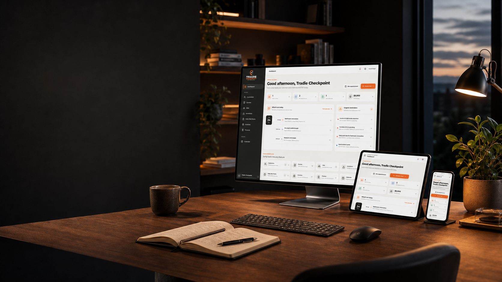 Tradie Checkpoint dashboard displayed across desktop, tablet and phone